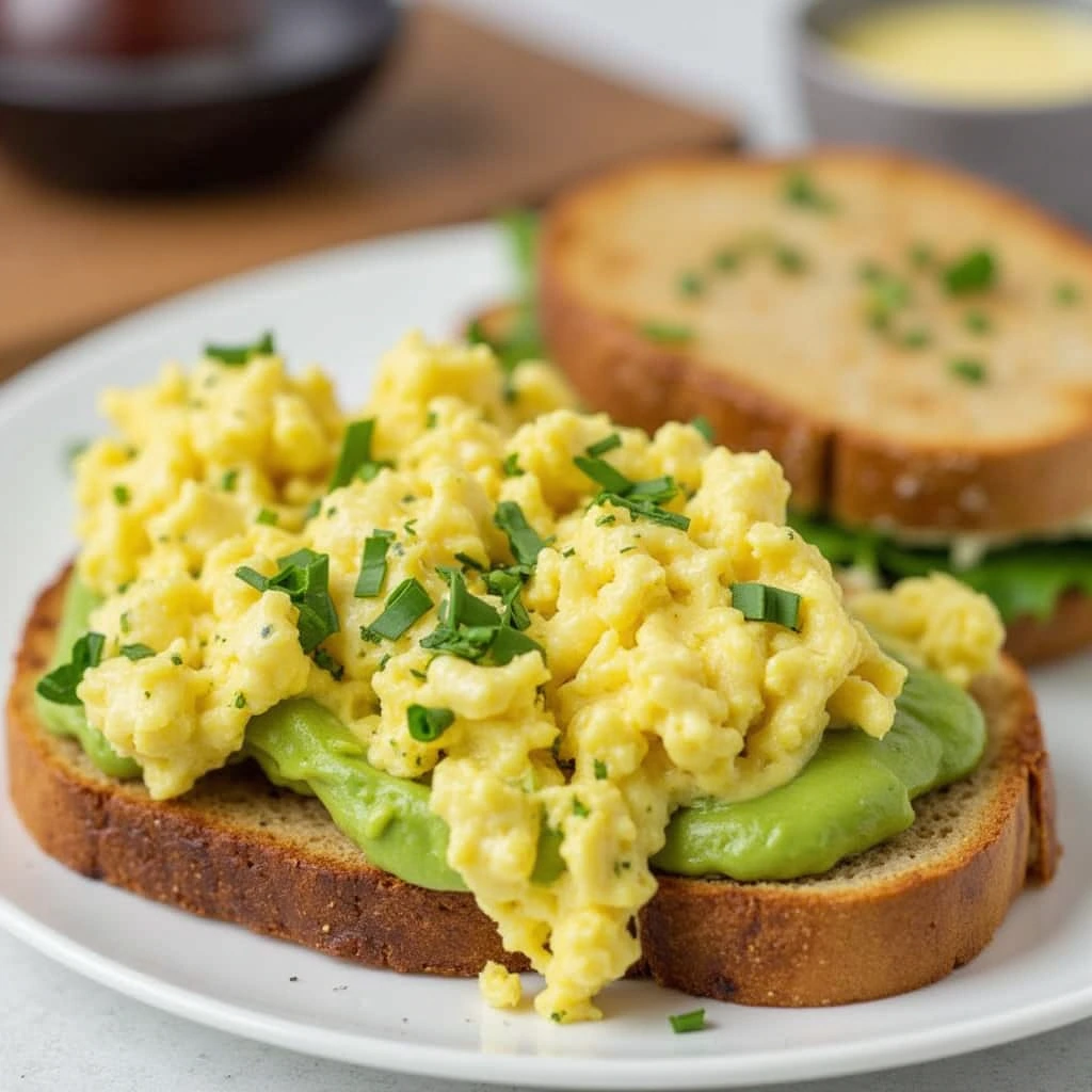 Elevate your breakfast with the perfect pairing of creamy scrambled eggs and smooth avocado on toast